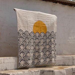 Trapunta Kantha King fatta a mano: copriletto in cotone stampato a blocchi