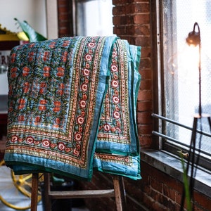 Handmade Kantha Stitch King Quilt: Indian Block Print Cotton Bedspread