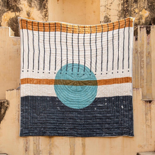 Edredón Kantha reversible tamaño King/Queen – Algodón estampado a mano con bloques / Diseño geométrico azul verdoso y azul marino