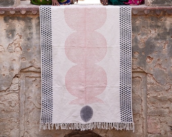 Hand-Block Printed Cotton Rug: Bauhaus Modern Abstract Design