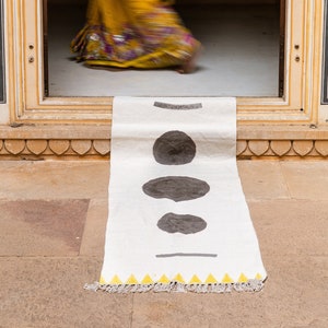 Hand-Block Printed Cotton Runner Rug: Modern Boho Moon Phase Design