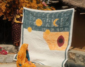 Handmade Block-Printed Cotton Quilt: Reversible Geometric Design