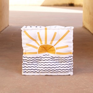 Cojín de suelo con diseño de sol, cojín para rincón de lectura, cojín reversible para meditación, cojín con estampado de bloques, cojín para ventana, cojín para sentarse en el suelo.
