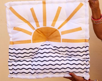 Hand Block Printed Floor Cushion | Reversible Sunrise Cotton Pouf | Artisan Boho Floor Pillow, Jaipur