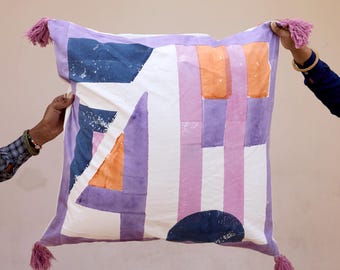 Purple Block-Printed Pillow Cover, Handmade Cotton Euro Sham, Decorative Cushion Cover, Boho Throw Pillow, Modern Abstract Living Room Decor