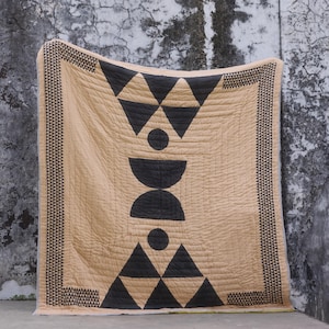 Reversible Indian Block Print Kantha Quilt: Aztec Boho Bedding Set