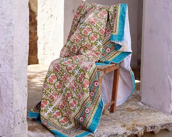 Hand-Stitched Kantha Throw Blanket: Blue Lotus Block Print Cotton Quilt