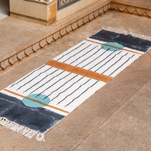 Blue Abstract Moon Rug Runner: Block Printed Cotton 2x6