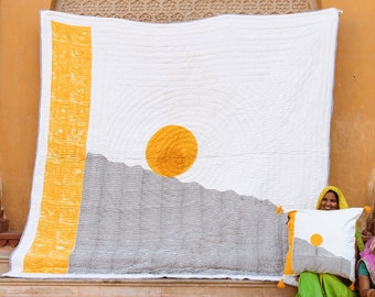 Cotton Twin Quilt ft. Sun & Moon Design, Handmade Quilt, Block Printed Quilt,  Kid's Quilt, Quilt for Girls / Boys, Twin Bedspread, Twin XL