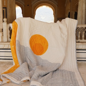 Hand-Block Print Cotton Quilt: Reversible Sun/Moon Kantha Bedspread