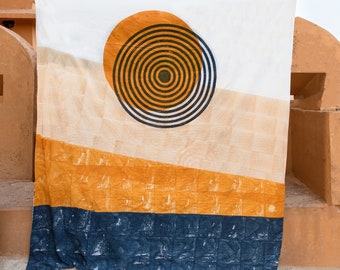 Modern Block Printed Duvet Cover Set: Spiral Sun Design, Cotton Bedding