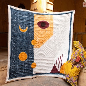 Handmade Quilt, Cotton King Size Quilt, Quilt for Sale, Block Print Quilt, Boho Quilt, Abstract Quilt, Queen Size Quilt, Indian Kantha Quilt
