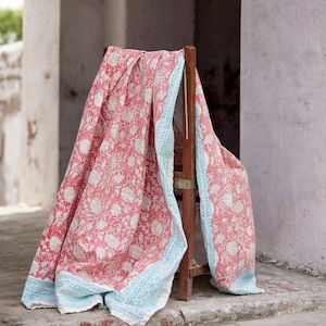 Pink Floral Throw Blanket Hand stitched Kantha Quilt Cotton Throw Blanket Block Printed Throw Throw Blanket for Couch Colorful Throw Etsy