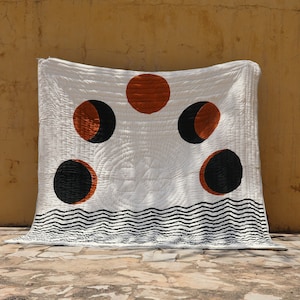 Hand-Block Printed Queen Quilt: Lunar Moon Cotton Bedspread
