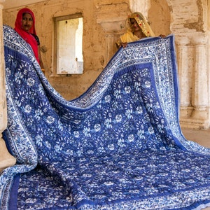 Floral Kantha Quilt Set: Reversible Block Printed Cotton Bedspread