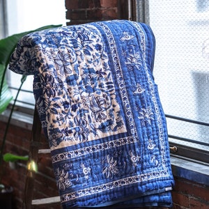 Handmade Quilts for Sale, Extra Large King Comforter 108&quot; x 108&quot;, Blue Bohemian Floral Queen Quilt, Handmade Cotton Indian Comforter