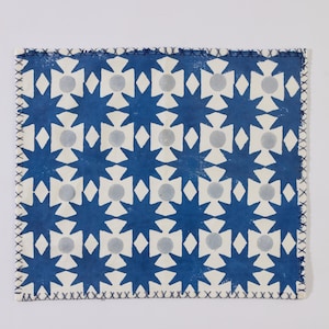 Puede incluir: Textil rectangular con un patrón repetitivo de estrellas azules y círculos grises sobre fondo blanco. Los bordes están acabados con costuras negras. El diseño es simétrico y geométrico. El textil es probablemente hecho a mano.