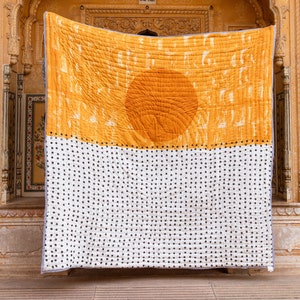 Handmade Kantha Quilt: Reversible Abstract Block Print Cotton Bedspread