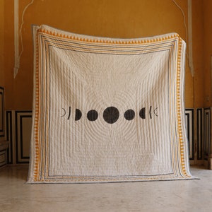 Edredón de algodón estampado a mano: colcha reversible Sol y Luna