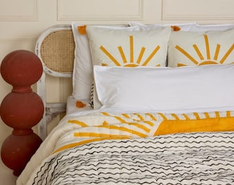Queen Quilt – Wende-Bettwäsche-Set aus Baumwolle, handgefertigt und im Blockdruck bedruckt, Sonnen- und Sternennacht-Design, handwerklich gefertigte Tagesdecke für Queen-Size-Betten