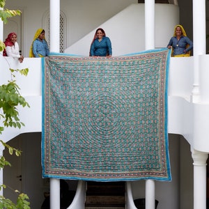 Boho Handmade Quilt Bedding Set - Cotton Gauze, Hand Block Printed with Lotus Design, Available in Queen and King Sizes, Indian Bedspread