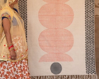 Block Printed Cotton Rug: Orange Bauhaus Design, Hand-Knotted Dhurrie