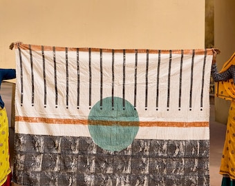 Hand-Stitched Kantha Throw Blanket: Block Print Cotton Quilt, Blue Accent Throw, Handmade Bed Cover, Unique Gift for Housewarming
