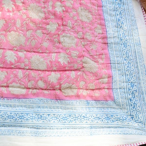Handmade Twin Size Block Print Quilt: Pink & Blue Floral Kantha