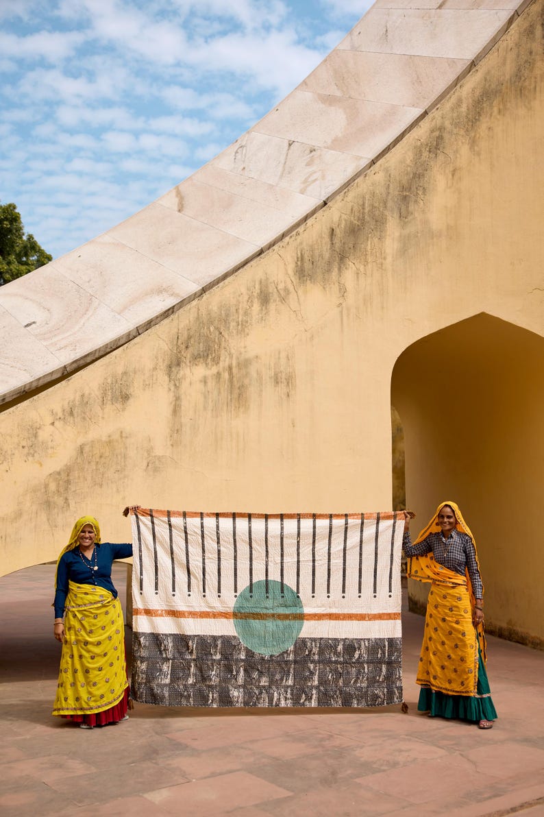 Handgemaakte kantha-deken: 100% katoenen boho-quilt met blokprint afbeelding 2