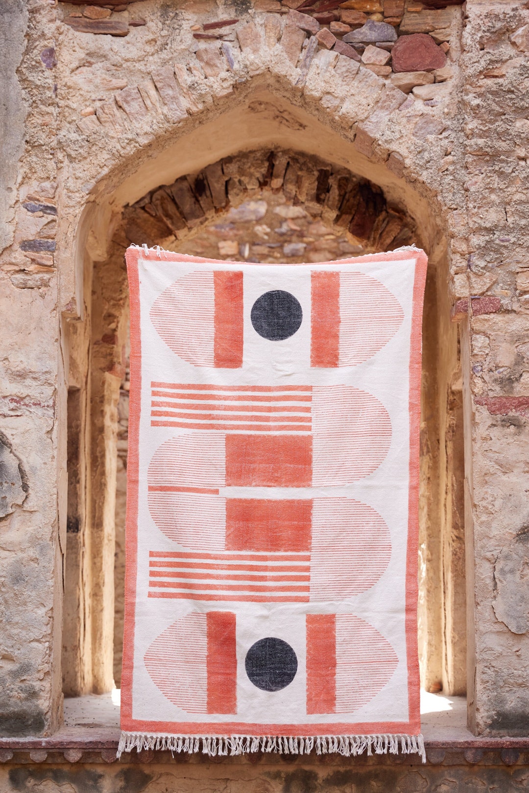 Hand Block Printed Cotton Rug: Terracotta & Black Geometric Rug - Boho ...