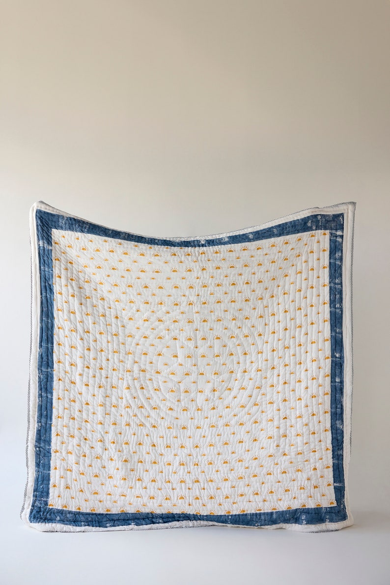 Reversible Twin XL Bedspread Yellow Rising Sun & Blue Spiral Motif, Artisan Handcrafted 100% Cotton Quilt, Twin Size Comforter, Bedding image 6