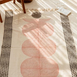 Block Printed Cotton Rug: Orange Bauhaus Design, Flatweave Indian Dhurrie, 4x6 Area Rug, Runner Rug, 8x10 Rug for Living Room / Bedroom