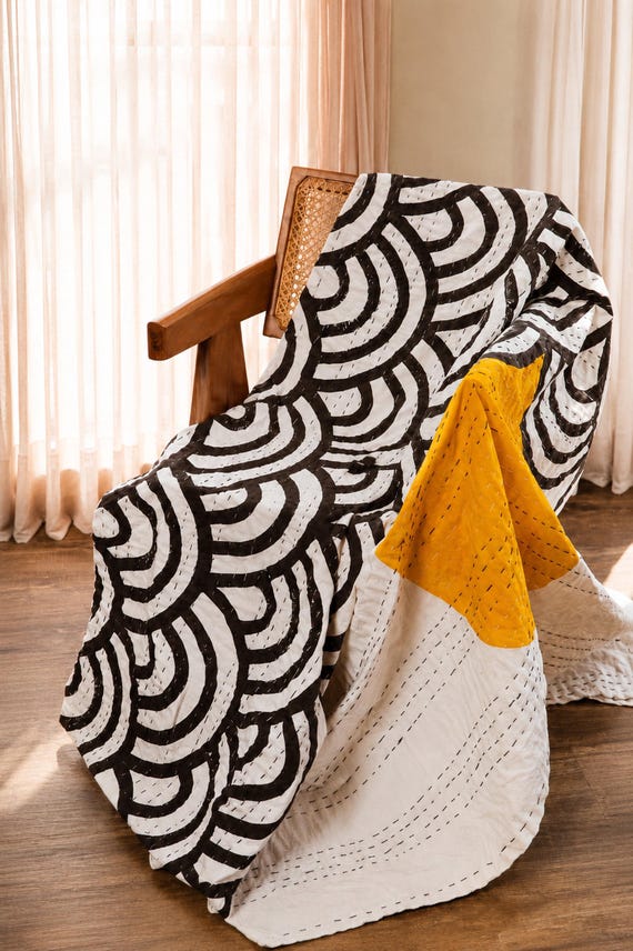 Hand Block Printed Cotton Kantha Throw Blanket, Sun Waves Design