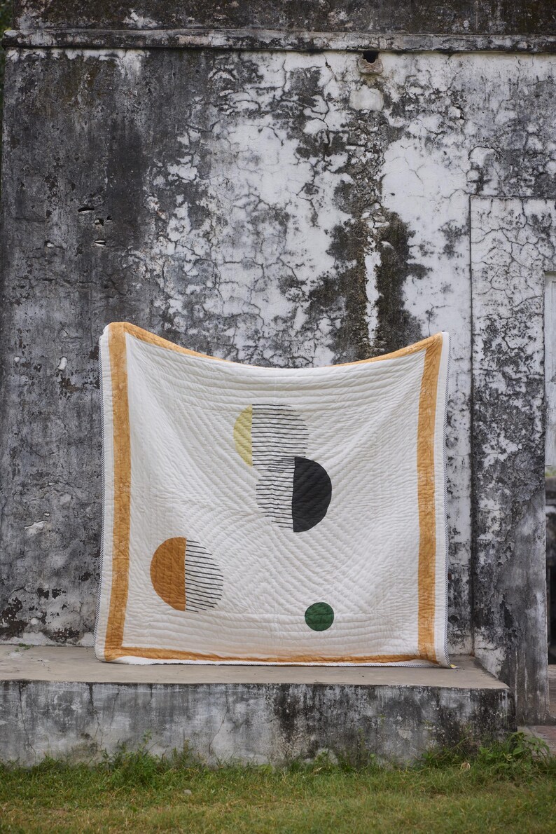 Handmade Twin Quilt, Reversible Yellow Block Print Bedspread with Shams, 100% Cotton Kantha Comforter image 3