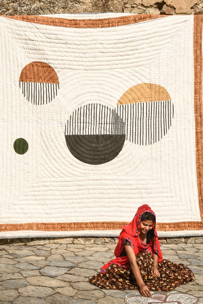 Handmade Twin Quilt, Reversible Yellow Block Print Bedspread with Shams, 100% Cotton Kantha Comforter image 10