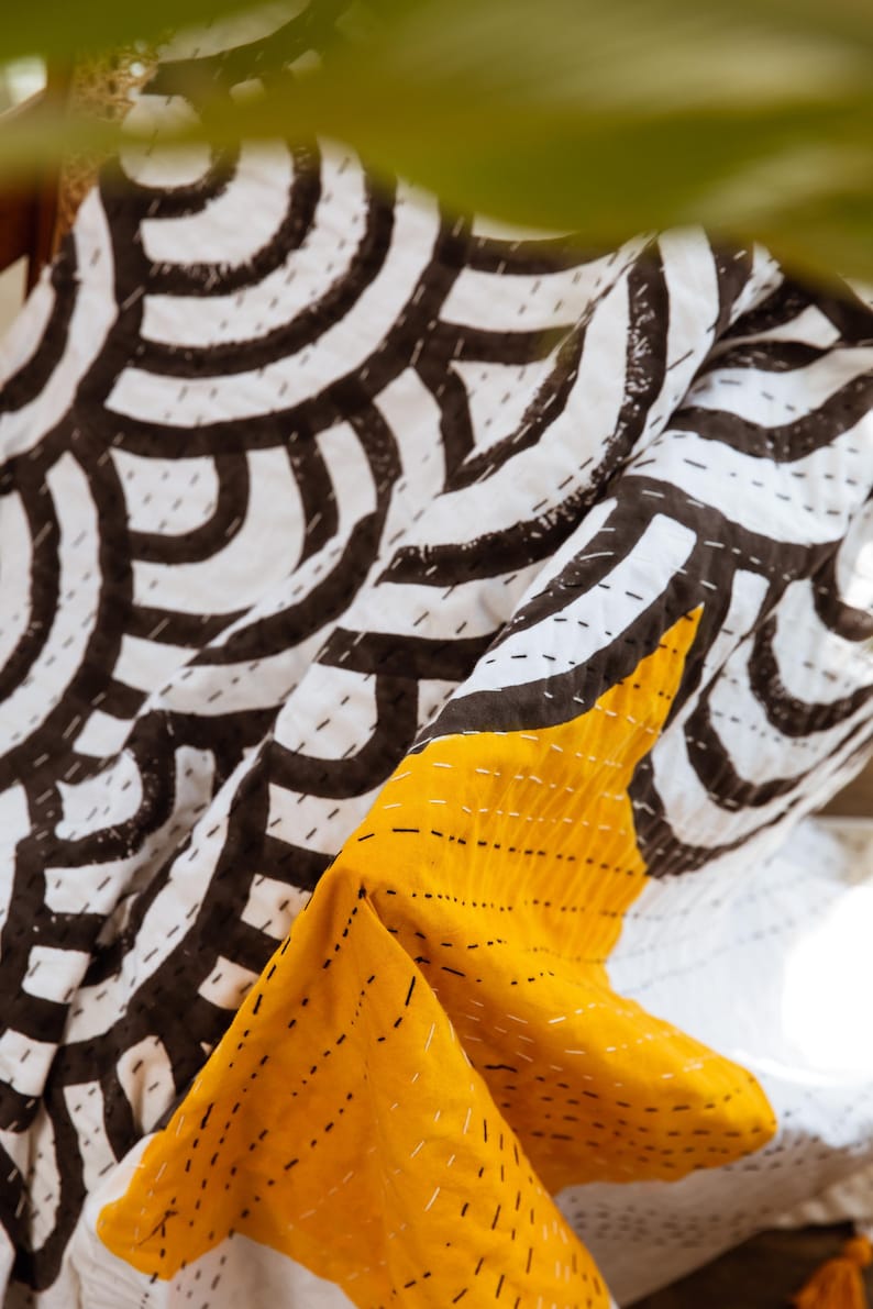 Plaid Kantha en coton imprimé à la main, motif vagues de soleil image 6