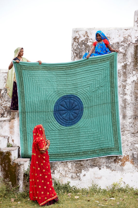 Handmade Queen Cotton Quilt: Green & Blue Block Printed Kantha-Stitched Bedspread