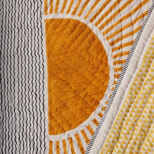Handmade Queen Quilt: Reversible Block-Printed Cotton Sun & Starry Night Bedspread
