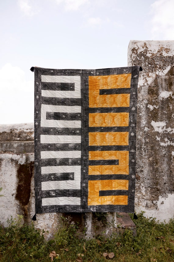 Kantha Throw Blanket – Hand Block Printed Cotton Quilt, Handmade Black & Mustard Modern Bedspread