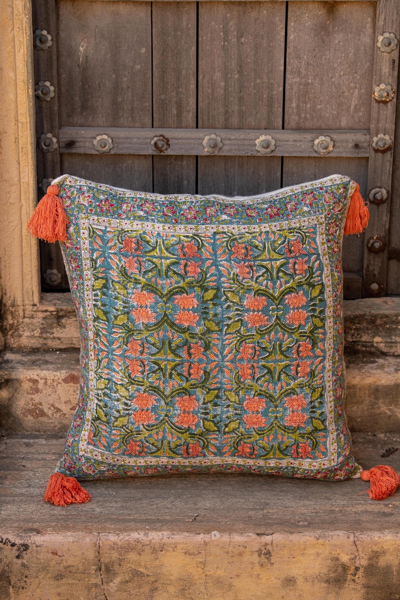 Edredón con estampado floral de loto, reversible, de algodón azul y verde, juego de cama indio Kantha, tamaño king/queen/twin. imagen 3