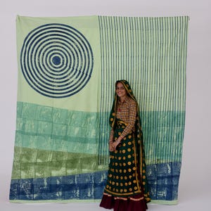 Boho Duvet Cover Set, Queen / King Sized Duvet Cover, Made from 100% Cotton, Indian Hand-Block Printed, Reversible Green & Blue Design