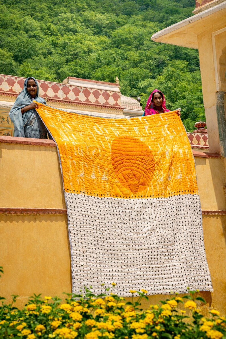Handmade Twin Quilt, Reversible Yellow Block Print Bedspread with Shams, 100% Cotton Kantha Comforter image 13