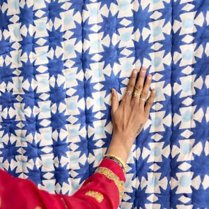 May include: A blue and white patterned quilt with a repeating star design. The quilt is made of a soft fabric and has a quilted texture. The design is a mix of dark blue stars and light blue circles on a white background.