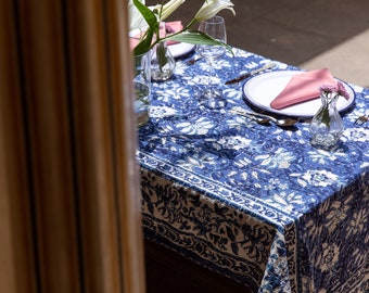 Handmade Tablecloth, Cotton Table Linen, Rectangle Tablecloth, Indian Floral Hand-Printed Tablecloth, Kantha Stitched Table Cloth, 54" x 84"