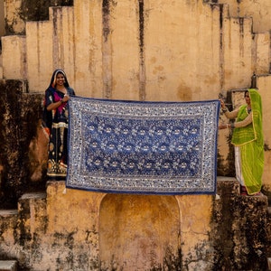 Puede incluir: Dos mujeres con ropa tradicional india se encuentran en un conjunto de escalones de piedra, sosteniendo una alfombra azul y blanca con estampado.