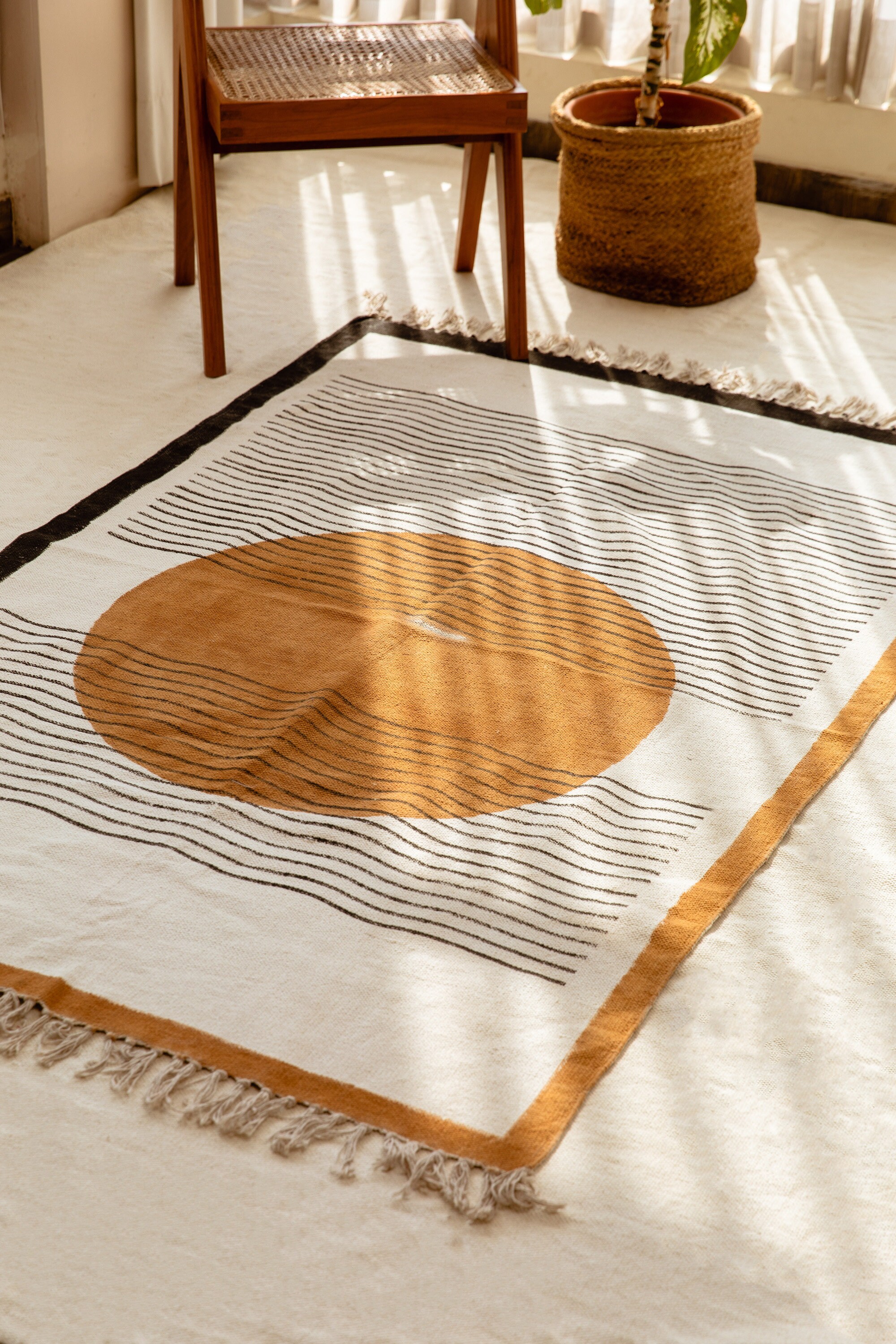 Handmade Cotton Dhurrie Rug: 8x10 Block Printed Sun Design, 2x6 Runner ...