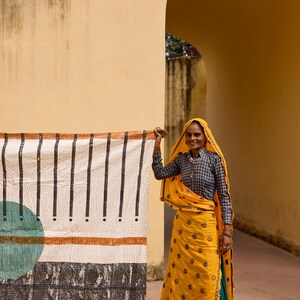 Handgemaakte kantha-deken: 100% katoenen boho-quilt met blokprint afbeelding 8