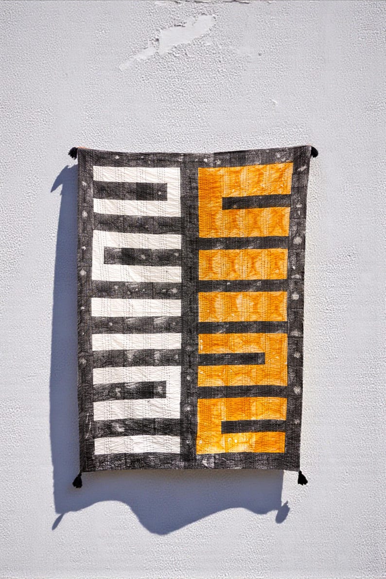 Kantha Throw Blanket – Hand Block Printed Cotton Quilt, Handmade Black & Mustard Modern Bedspread image 7