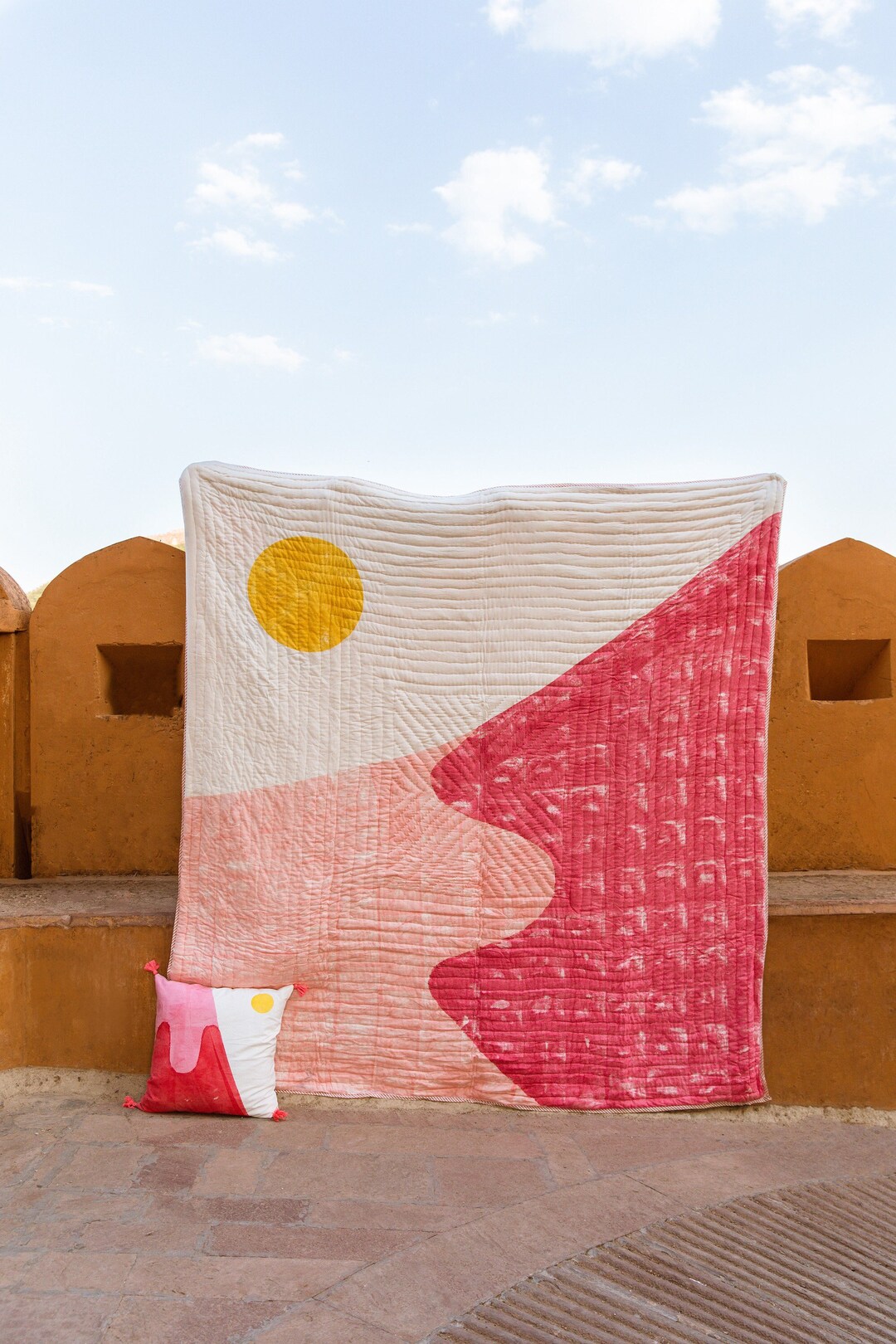 Handmade Kantha-stitched Cotton Quilt: Pink Block Print Indian ...