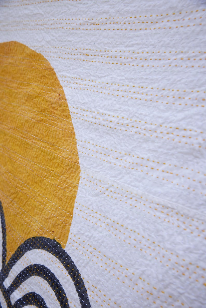 Plaid Kantha en coton imprimé à la main, motif vagues de soleil image 4